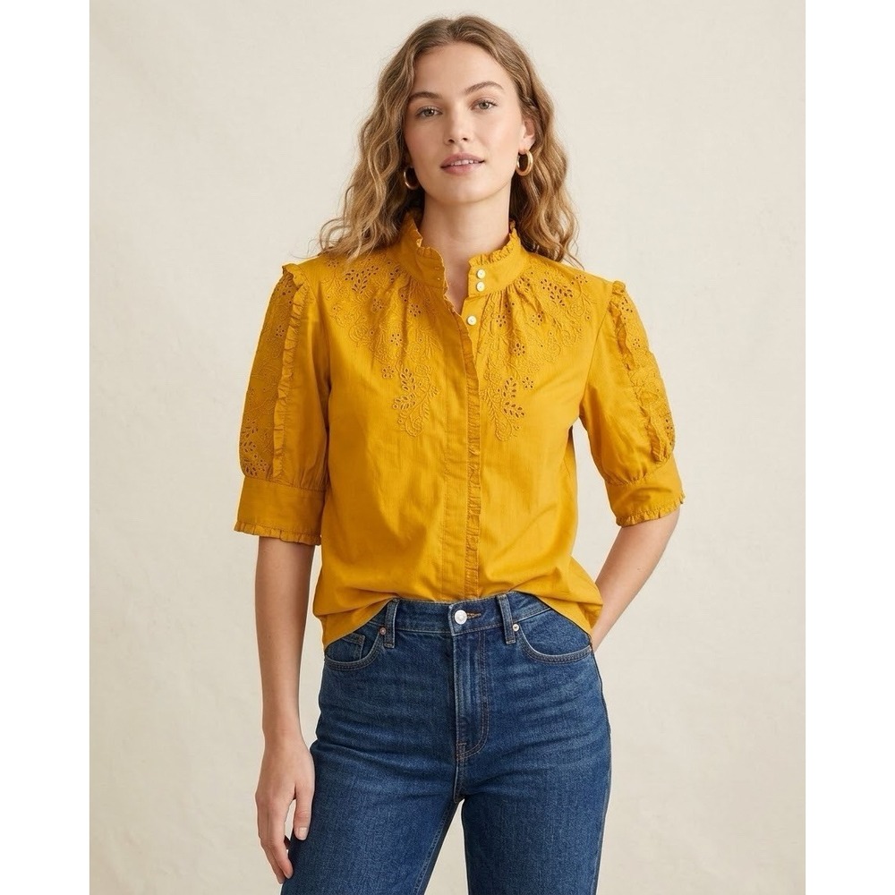 J Crew Mock Neck Embroidered Blouse Ruffles Mustard Yellow 1/2 Sleeve Boho M